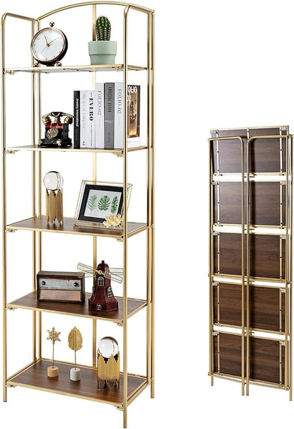 No Assembly Folding Bookshelf, 5 Tier Gold Bookshelf, Metal Book Shelf for Storage, Folding Bookcase for Office Organization and Storage, 12.87" D x 22.91" W x 68.1" H