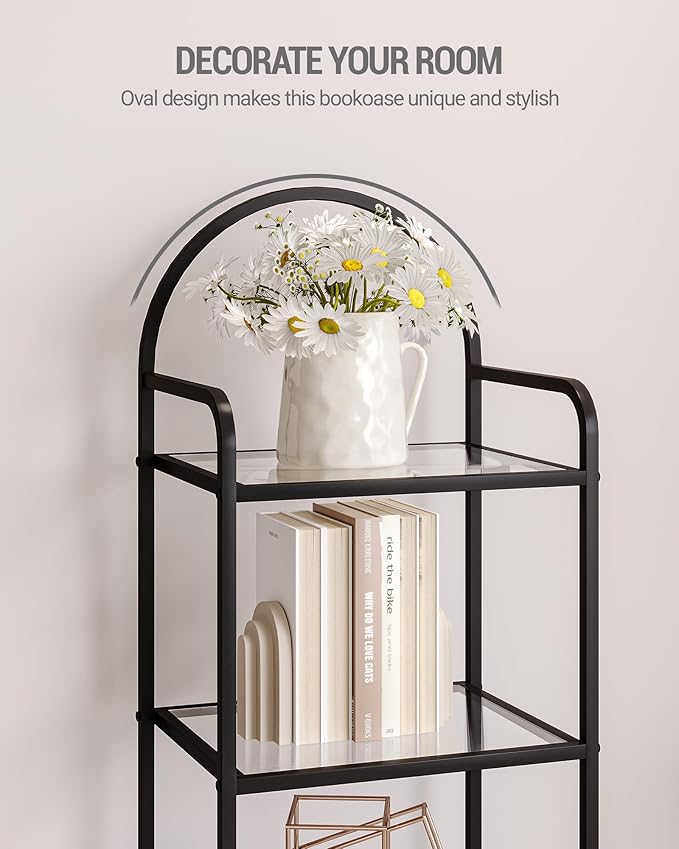 Bookcase Bookshelf, Tempered Glass Bookshelves, Slim Shelving Unit for Bedroom, Bathroom, Home Office, Steel Frame, 3 Tier Black BC10301B