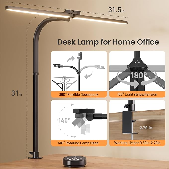 LED Desk Lamp, 24W Bright Architect Desk Lamp for Home Office, Clamp Desk Light with Adjustable Flexible Gooseneck & Remote Control, Eye Caring Table Light for Workbench Study Reading Drafting