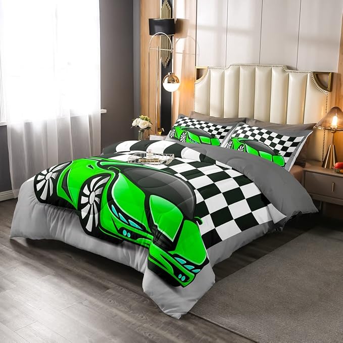 Racing Car Comforter Set, Cool Speed Race Car Down Comforter Twin for Kids Boys Girls Teens Bedroom, Automobile Extreme Sport Bedding Set Plaid Checkered Duvet Sets with 1 Pillowcase, Grey Green