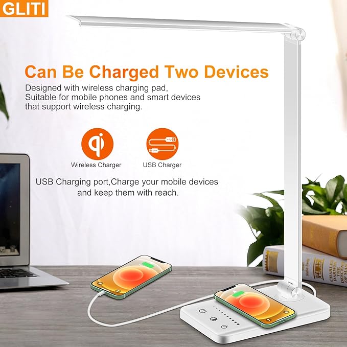 LED Desk Lamp with Wireless charging，Dimmable Desk Light, 5 Light Colors, 6 Brightness Levels, Touch Control Table Lamp with USB Rechargeable,Auto Timer, for College Dorm, Home, Office