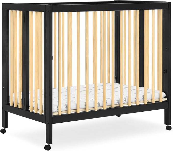 Delta Children Mia Portable Folding Mini Crib with 1.5-Inch Mattress - Greenguard Gold Certified, Ebony Black/Natural