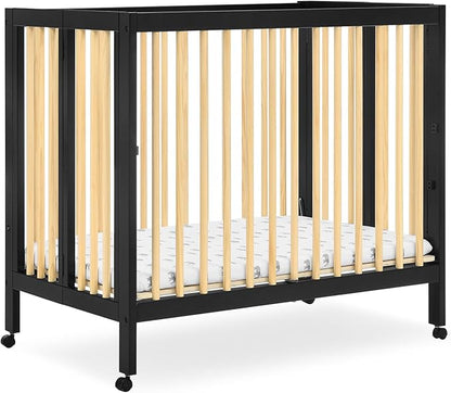 Delta Children Mia Portable Folding Mini Crib with 1.5-Inch Mattress - Greenguard Gold Certified, Ebony Black/Natural