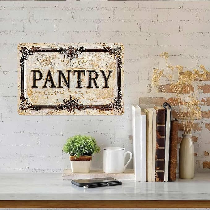 Vintage Distressed Style Aluminum PANTRY Wall Decor Metal Sign 8X12in Retro Ornate Border Rustic Art Sign for Kitchen Pantry Room Farmhouse Home Decoration