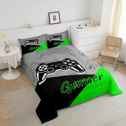 Feelyou Gamer Comforter Set Gaming Bedding Set for Teens Boys Video Game Decor Comforter Game Controller Quilted Duvet Set 1 Comforter with 2 Pillowcases Queen Green