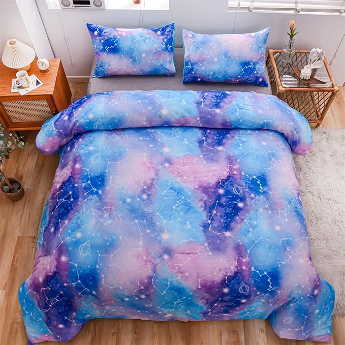 Holawakaka Tie Dye Constellation Print Ombre Comforter Set Queen Size Boys Girls Gradient Galaxy Bedding Set (Blue Purple, Queen)