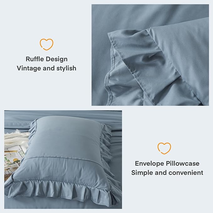 Andency California King Comforter Sets Grayish Blue (104x96Inch), 3 Pieces Cal King Ruffle Comforter, Oversized Farmhouse Shabby Chic Bed Comforter, Lightweight and Soft Microfiber Bedding Set