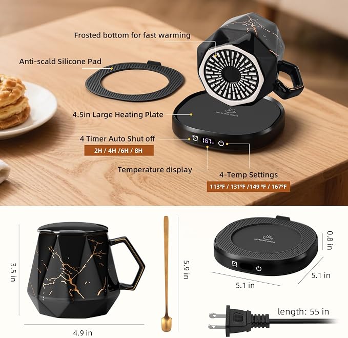 Coffee Mug Warmer Set Electric Heated Beverage Tea Cup Warmer for Desk | Awesome Mug Warmer Set Coffee Accessories, 4 Temperature Control, 8 Hours Auto Shut Off, Office Men Christmas Birthday Gift