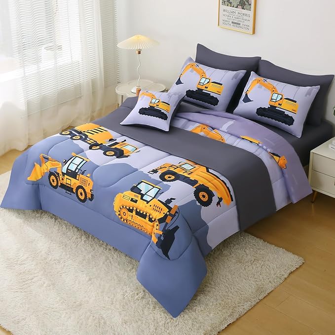 JQinHome Construction Twin Bedding Sets for Boys Kids,6 Piece Bed in A Bag 3D Cartoon Car Excavator Tractor Comforter Set with Sheet Set,Trucks Cars