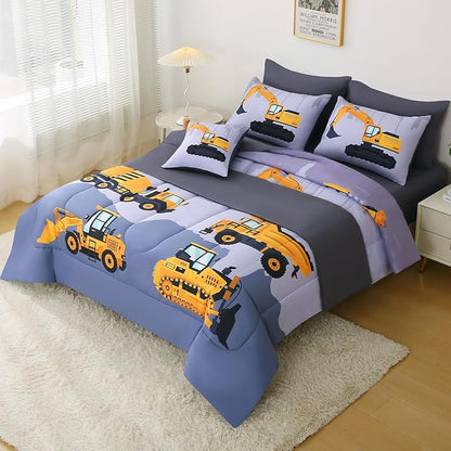 JQinHome Construction Twin Bedding Sets for Boys Kids,6 Piece Bed in A Bag 3D Cartoon Car Excavator Tractor Comforter Set with Sheet Set,Trucks Cars