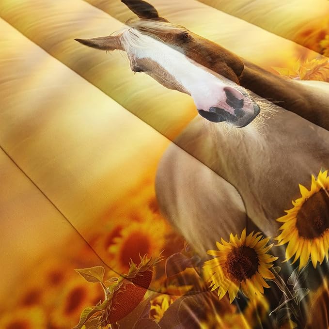 Horse Comforter King Size,Sunflower Horse Comforter Set for Kids Teens Girls Boys,3Pcs Bedding Set Printed Comforter with 2 Pillowcases,Soft and Lightweight，King Size