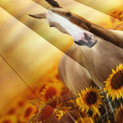 Horse Comforter Full Size,Sunflower Horse Comforter Set for Kids Teens Girls Boys,3Pcs Bedding Set Printed Comforter with 2 Pillowcases,Soft and Lightweight，Full Size