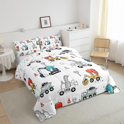 Feelyou Kids Cartoon Car Comforter Set Construction Bedding Set Queen Size Tractor Vehicle Truck Comforter for Kids Boys Girls Cute Dinosaur Quilt Set Yellow Blue Soft for Teens Child Room Decor