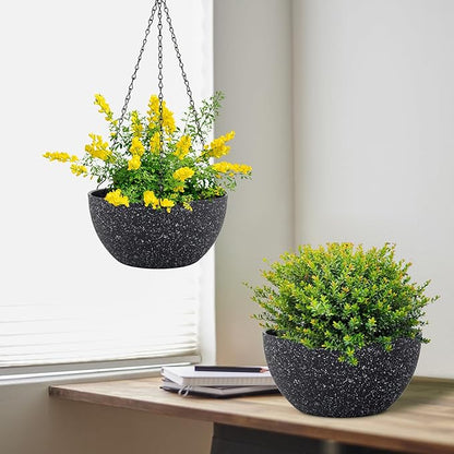 12 inch Large Hanging Planters for Indoor Outdoor Plants, 2 Pack Hanging Flower Pots with Drainage Holes and Chain for Garden Porch, Plastic Hanging Baskets for House Plants, Speckled Black