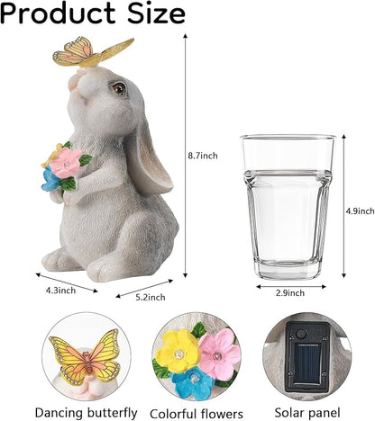 Solar Bunny Statues Light with Butterfly LED - Auto On/Off Weathproof Resin Garden Figurine Decor Gift for Pathway, Patio & Mom's Flower Bed (Warm Light)