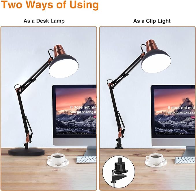 FIRVRE Metal Desk Lamp Adjustable Goose Neck Architect Table Lamp Sandy Black Tall Reading Light Swing Arm Desk Lamp with Clamp Eye-Caring for Bedroom Bedside Study Home Office Library Workplace