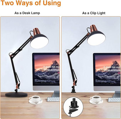 FIRVRE Metal Desk Lamp Adjustable Goose Neck Architect Table Lamp Sandy Black Tall Reading Light Swing Arm Desk Lamp with Clamp Eye-Caring for Bedroom Bedside Study Home Office Library Workplace