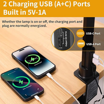Desk Lamp with Hand-Sweep Sensor Desk Lamps for Home Office Desk Lamp with Clamp with 2 USB C+A Ports 24W LED Desk Light Clip On Desk Lamp with Timer, 3 Colors, 7 Brightness Dimmable Lamp For Desk