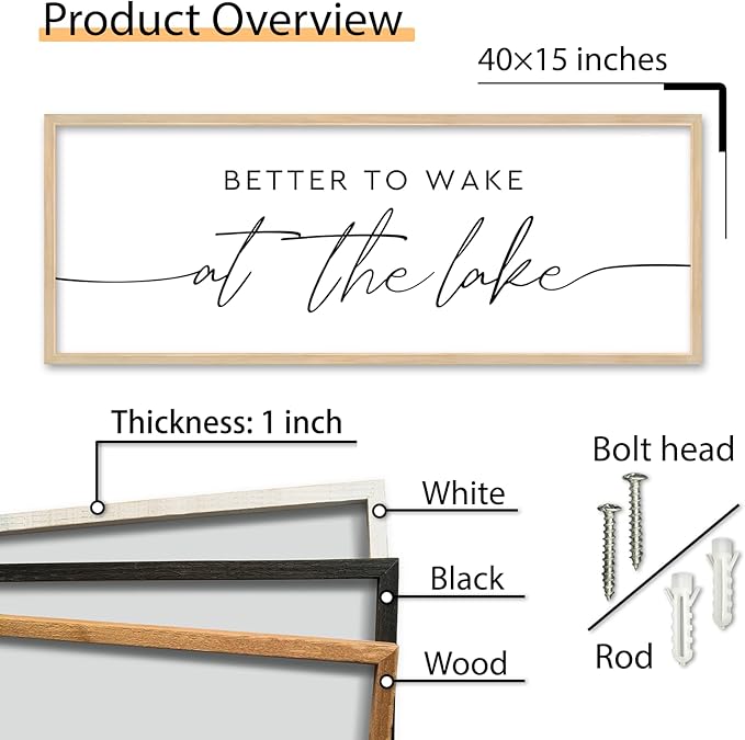 SRSZHIYUE Better To Wake At The Lake Wall Decor Above Bed Sign 40"×15" for Lake House Bedroom Over Bed Large Wood Framed Wall Hanging Art (Wood)