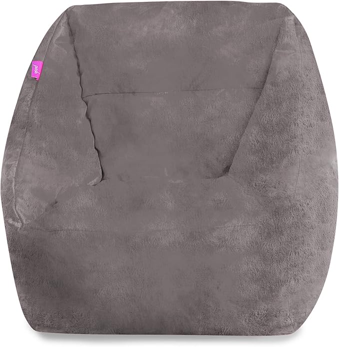 Posh Creations Structured Comfy Bean Bag Chair for Gaming, Reading, and Watching TV, Coronado Chair, Rabbit Fur - Gray, Faux Rabbit Fur - Gray