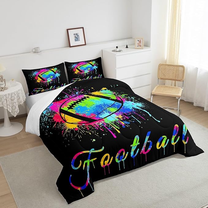 Kids Football Comforter Set Full Size Rugby Sports Game Bedding Set for Boys Girls Teens Bedroom Decor Tie Dye Comforter Women Men Soccer Player Duvet Set with 2 Pillow Case