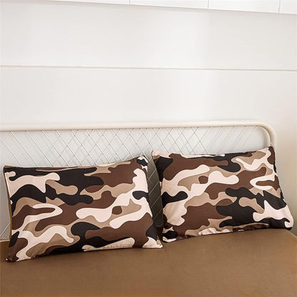 Meeting Story Camouflage Bedding Set, Colorful Pattern Style Queen Comforter Set, 3 PCS One Comforter and Two Pillowcases in One Bag, All Season Bedspread for Kids Teens Adults (Coffee, Queen)