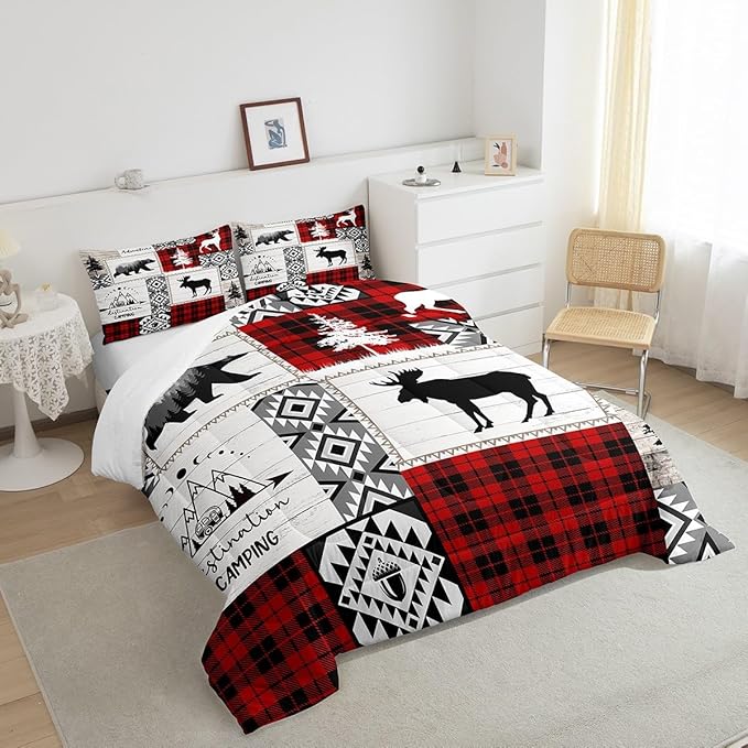 Deer Antlers Bear Kids Comforter Set Full Size,Plaids Aztec Arrows Patchwork Bedding Set for Boys Girls Adults Room Decor,Rustic Adventure Xmas Down Comforter,Red Retro Duvet Insert,2 Pillowcases