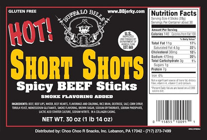 Buffalo Bills Hot Short Shots (120 hot and spicy 3.5” beef sticks per 30oz bag) | Gluten Free, Ideal For Road Trips, Officesnacks, Hiking, High Protein Snack, Made In The USA, 100% Us-Raised Beef, 120 Sticks