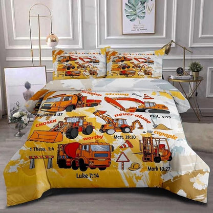 Kids Construction Vehicles Truck Comforter for Boys Full,Cartoon Car Excavator Tractor Bedding Set,Construction Christian Spirational Quotes Comforter with 2 Pillowcases Yellow