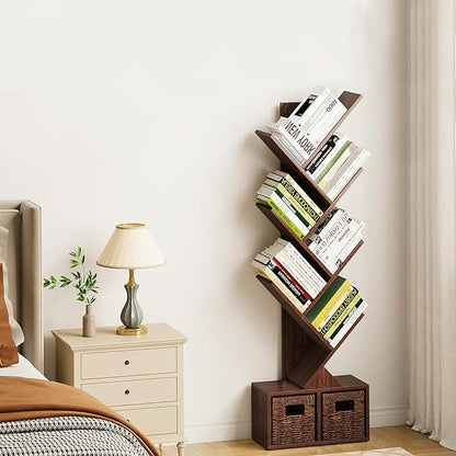 Vagusicc 6 Tier Tree Bookshelf - Retro Shelf Floor Standing Bookcase with Baskets, Tall Wood Book Storage Rack for Books/CDs, Tree Utility Book Organizer Shelves for Living Room, Home Office, Bedroom