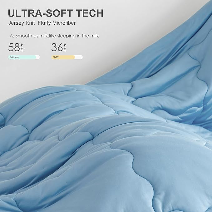COTTEBED Reversible Blue and Light Gray Bed Comforter Queen Sets, Jersey Knit T-Shirt Feel Ultra-Soft Lightweight Breathable Cozy Bedding Down Quilt Blanket & 2 Pillowsham All Season Use (Full/Queen)