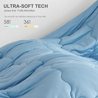 COTTEBED Reversible Blue and Light Gray Bed Comforter Queen Sets, Jersey Knit T-Shirt Feel Ultra-Soft Lightweight Breathable Cozy Bedding Down Quilt Blanket & 2 Pillowsham All Season Use (Full/Queen)