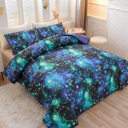 Holawakaka Tie Dye Constellation Print Ombre Comforter Set Queen Size Girls Boys Gradient Galaxy Bedding Set (Black Green,Queen)