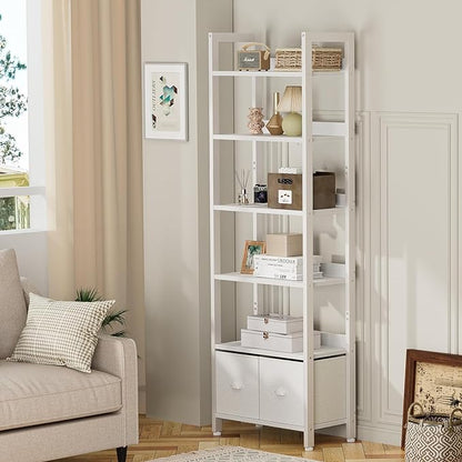 Furologee White 6 Tier Bookshelf with Drawers, Tall 71" Bookcase with Shelves, Modern Wood and Metal Book Shelf Storage Organizer, Display Free Standing Shelf Unit for Bedroom, Living Room, Office