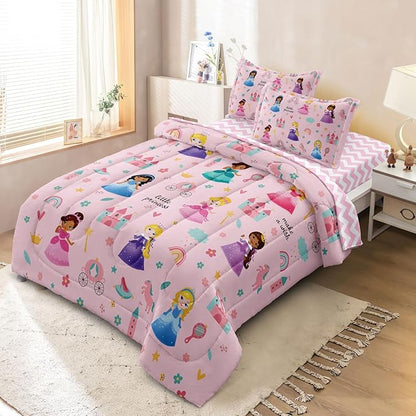 Kids Magical Princess Comforter Set Bed in a Bag Full Size- 5 Piece Soft Cute Castle Bedding Set for Girls (1 Comforter, 1 Flat Sheet, 1 Fitted Sheet, 2 Pillowcases), Pink