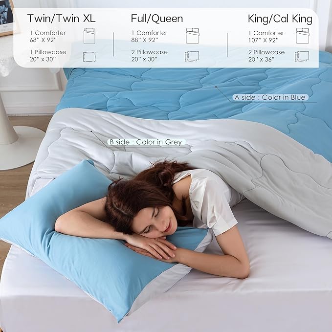 COTTEBED Reversible Light Blue and Grey Bed Comforter Twin Set, Jersey Knit T-Shirt Feel Ultra-Soft Lightweight Bedding Blanket Quilt & Pillowcase for Kid Boy Girl College Dorm All Season(Twin/TwinXL)