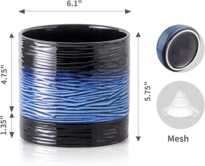 Nihow Ceramic Plant Pot: 6 Inch Planter with Drainage Hole & Saucer for Indoor & Outdoor Plants - Cylinder Round Flower Pot for Succulent/Herbs/Violets - Black & Vivid Blue