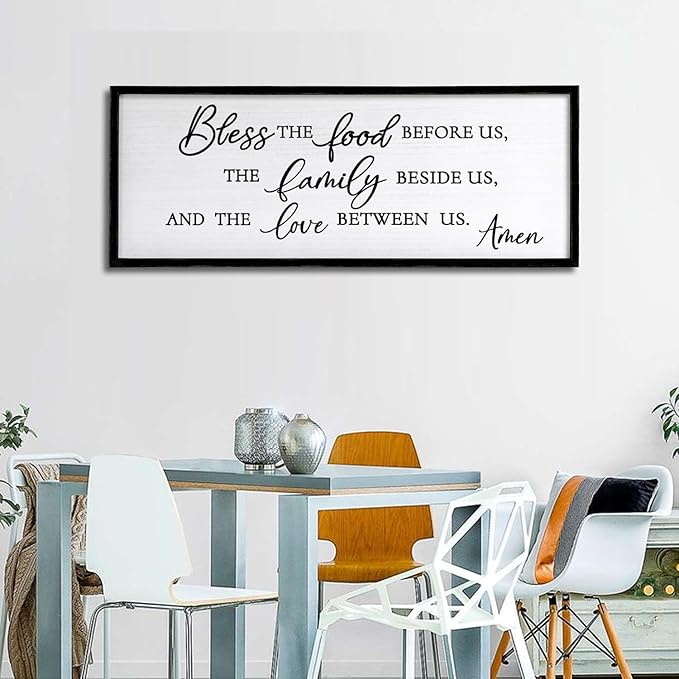 Bless the Food Before Us, the Family Beside Us, and the Love between us Framed Wall Art for Christian God Jesus Christ Prayer, 32''×12'' Positive Holy Religious Rustic Bible Verse for Dining Room