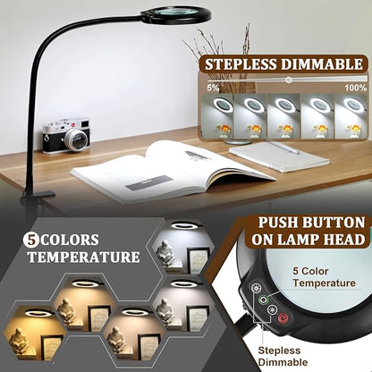 VEEMAGNI 10X Magnifying Glass with Light and Clamp, 23" Gooseneck 5 Color Modes Stepless Dimmable LED Desk Lamp, Real Glass Table Lighted Magnifier Hands Free for Craft Painting Sewing Close Work