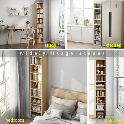 IOTXY Small Narrow Corner Bookcase - 47 Inches Tall Gap Freestanding Storage Cabinet, 5 Lattices Open Shelves Tower Rack, Cubes Bookshelf in Oak