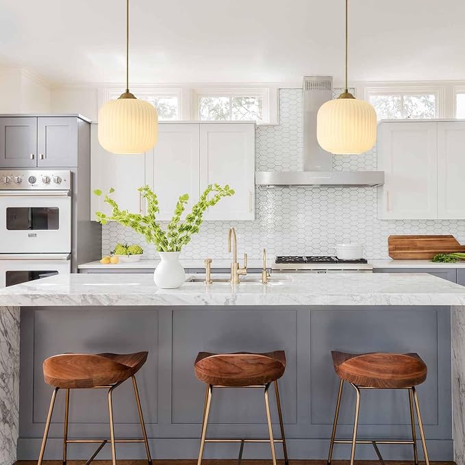 KCO Lighting Modern Brass Gold 7.9” Ribbed White Milk Glass Pendant Light | Adjustable Cord, E26 Small Mid Century Modern Hanging Light for Sloped Ceiling Kitchen Island Dining Room Bedroom Entryway