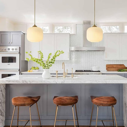 KCO Lighting Modern Brass Gold 7.9” Ribbed White Milk Glass Pendant Light | Adjustable Cord, E26 Small Mid Century Modern Hanging Light for Sloped Ceiling Kitchen Island Dining Room Bedroom Entryway