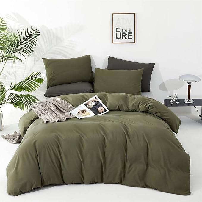 Olive Green Comforter Set Queen Size Solid Green Comforter 3 Pieces Soft Dark Green Queen Comforter Bedding Set Women Pure Olive Green Queen Bed Comforter Set for All Season as Gift