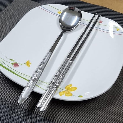 GARASANI Korean Traditional Cutlery Stainless Steel Spoons and Chopsticks Set (Silver Plum blossom)