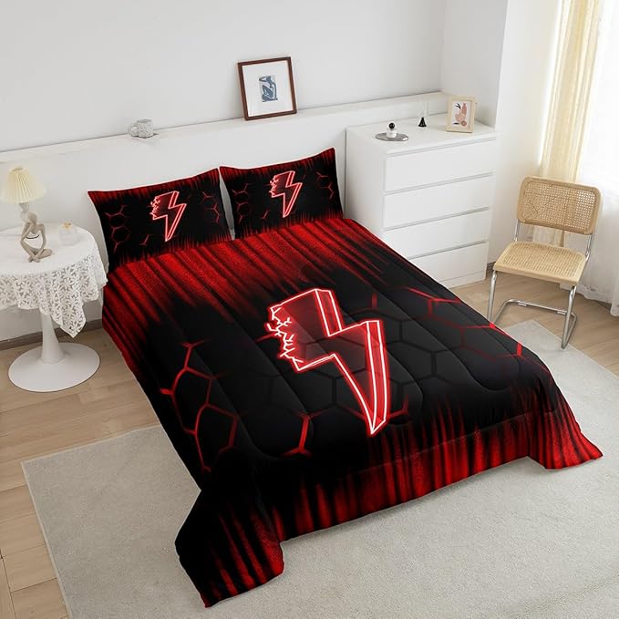 Feelyou Game Flash Bedding Set Full Size Boys Girls Ombre Comforter Set for Kids Honeycomb Comforter Red Black Duvet Set Room Decor Quilt Set