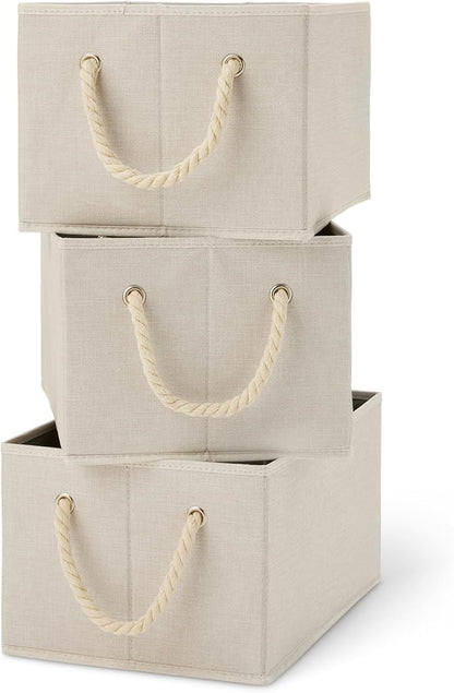 Amazon Basics Foldable Storage Bins with Rope Handles, Linen, Large, Pack of 3