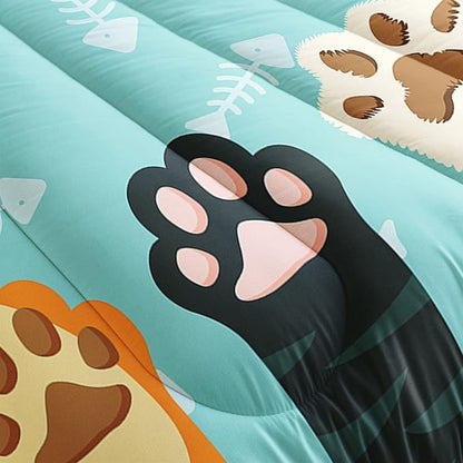 Datura home Cat Paws Comforter Bedding Set for Kids Teens,Cartoon Cat Paws and Fish Bones Pattern Lightweight Cyan Comforter with 2 Pillowcases,3pcs(Cat Paws Queen)
