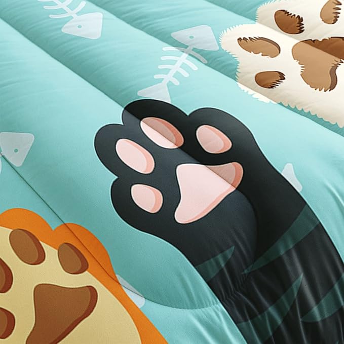 Datura home Cat Paws Comforter Bedding Set for Kids Teens,Cartoon Cat Paws and Fish Bones Pattern Lightweight Cyan Comforter with 2 Pillowcases,3pcs(Cat Paws Twin)