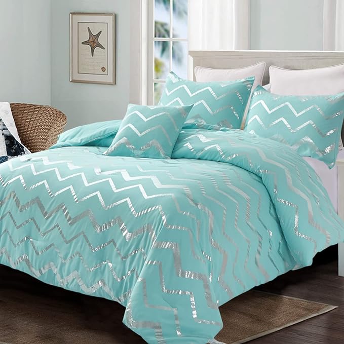 Aqua Comforter Set King Size, Metallic Teal and Silver Bedding Set, 4 Piece Lightweight Microfiber Comforter for Teen Girls Women (2 Pillow Shams + 1 Decorative Pillow Sham)