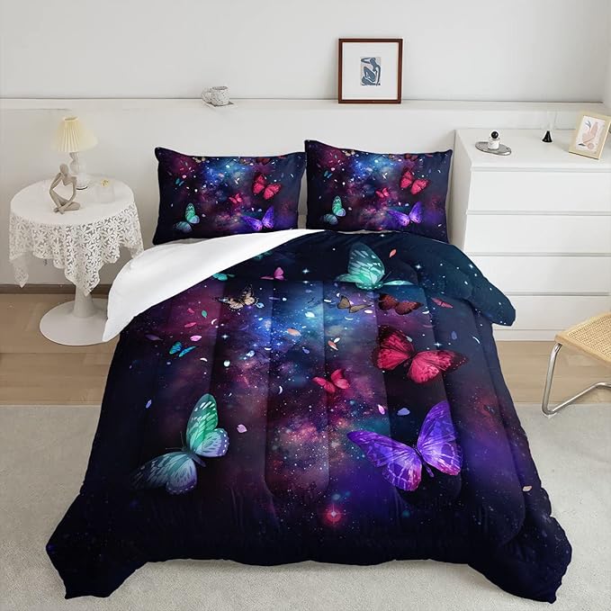Butterfly Comforter Set for Girls Women,Colorful Butterflies in Space Galaxy Printed Black Bedding Set with 2 Pillowcases(Butterfly Galaxy Twin)